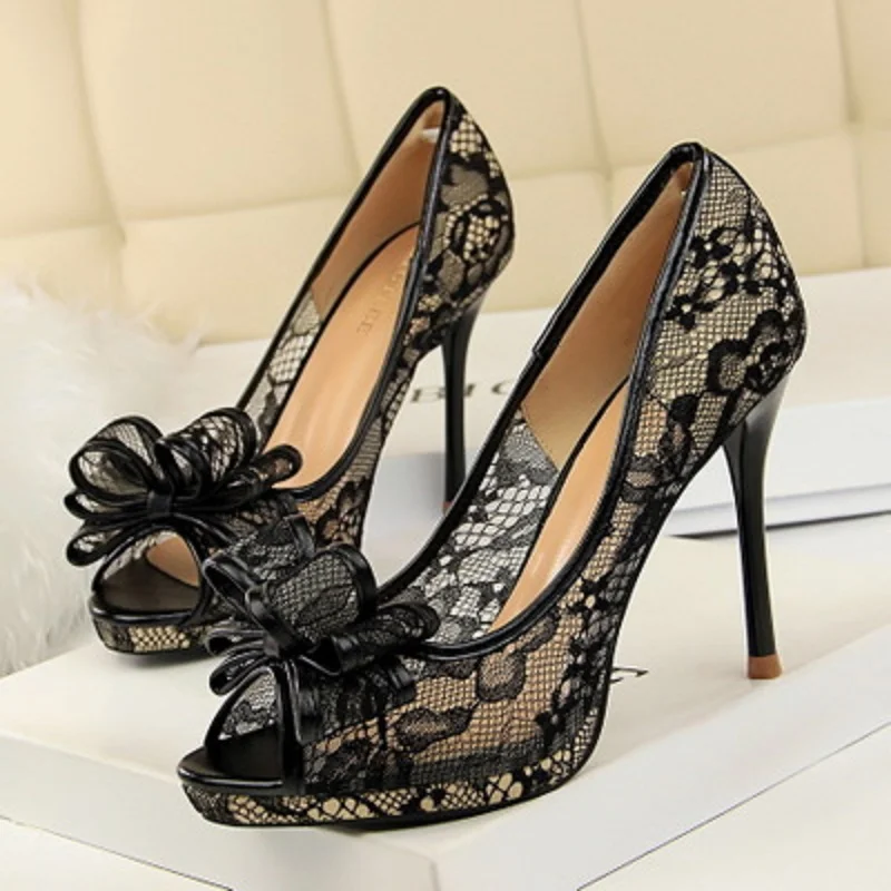 

2019 Europe and America nightclub lace women's shoes stiletto high-heeled shallow mouth fish mouth hollow mesh bow shoes