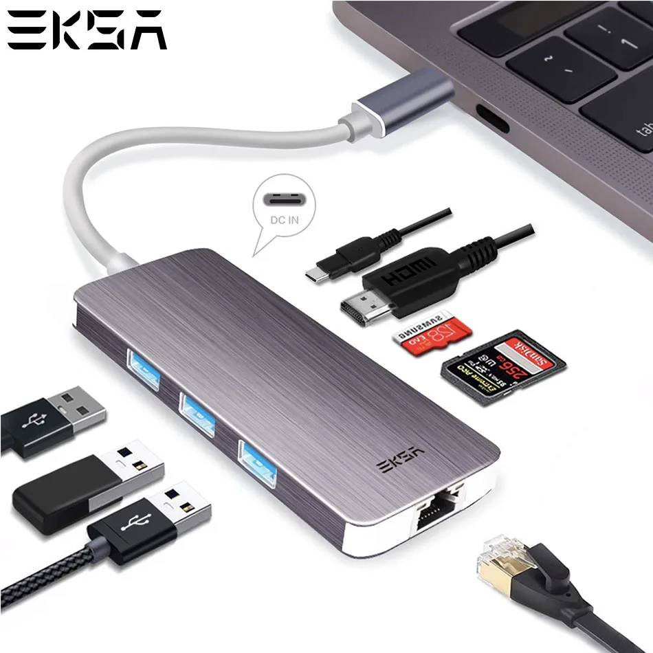 EKSA 8 в 1 USB C концентратор type C 3,0 концентратор 3 USB 3,0/4 K HDMI/RJ45 Ethernet/Micro SD TF кардридер/PD адаптер для MacBook huawei