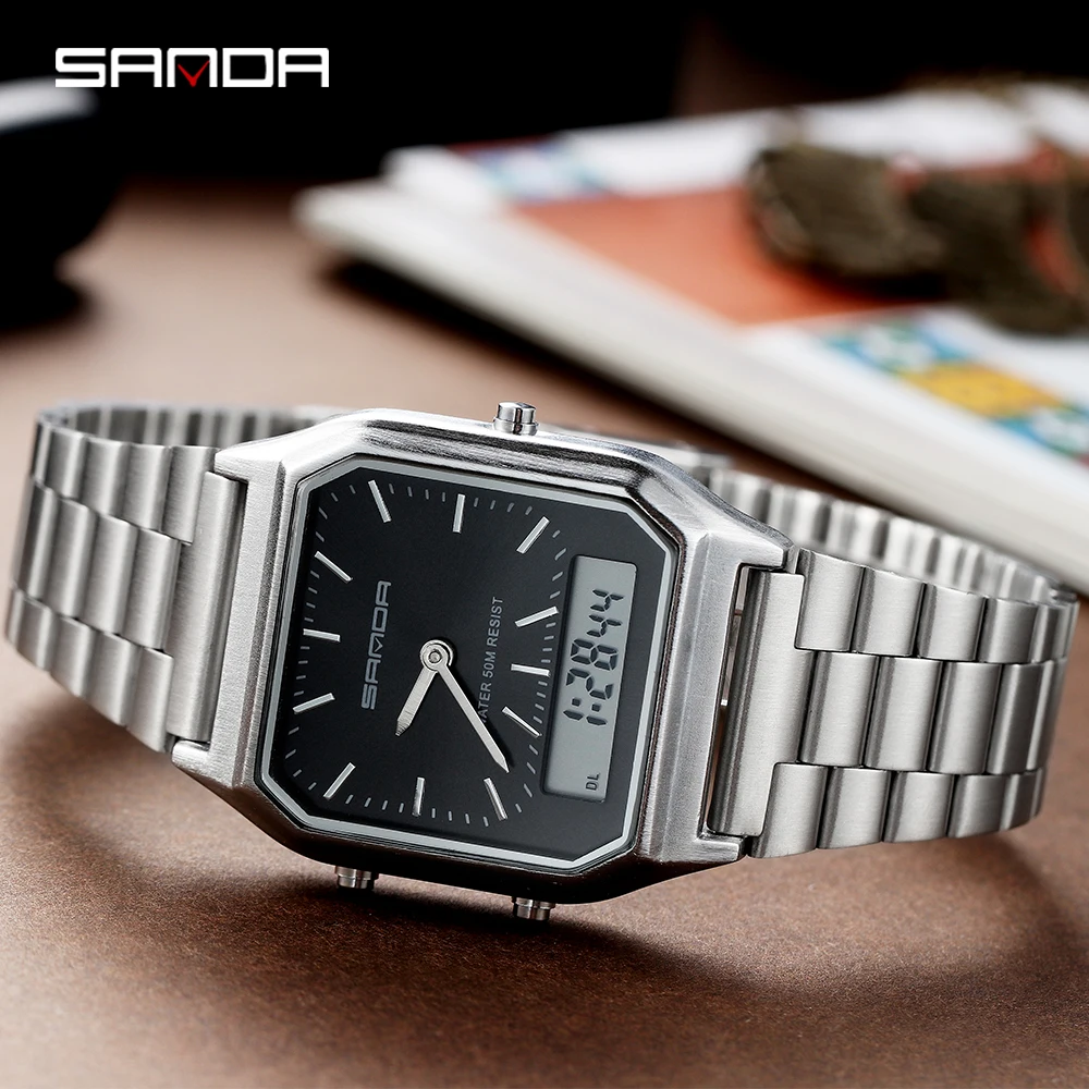 SANDA Top Luxury Men's Watches Men Waterproof Dual Display Quartz Watch Man Stainless Steel Wristwa