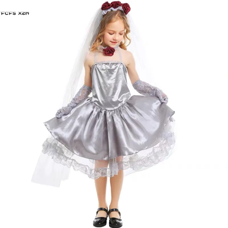 

Girls Corpse bride Scary Cosplay Kids Children Halloween Bride Costumes Carnival Purim parade Stage play Masquerade party dress