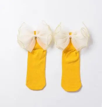 Носки для маленьких девочек новые хлопковые носки для детей от 1 до 8 лет детские кружевные носки принцессы из органзы с большим бантом и бабочкой для девочек - Цвет: yellow back lace