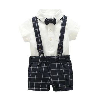 

Summer Newborn Baby Boy's Clothing 3 Pieces Of Suit, Contain Deep Blue Plaid Backband Shorts+White Rompers+Gentleman Bow Tie