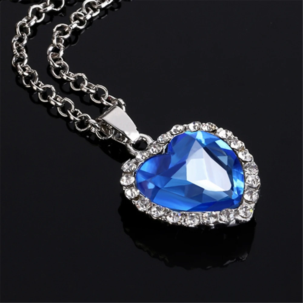 Statement Personalized Silver Heart Shape Blue Zircon Pendant Necklace
