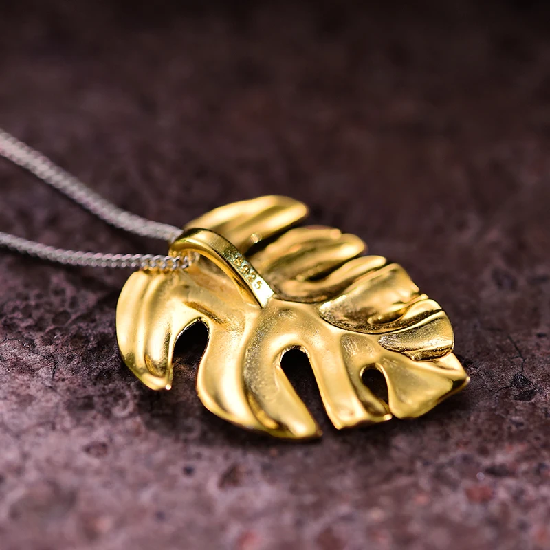 Lotus Fun Real 925 Sterling Silver Handmade Fine Jewelry Creative Monstera Leaves Design Pendant without Necklace for Women