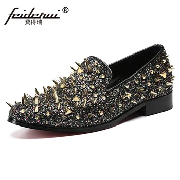 

Plus Size Luxury Designer Round Toe Slip on Rivets Man Punk Loafers Genuine Leather Spiked Moccasin Men's Party Prom Shoes SL533