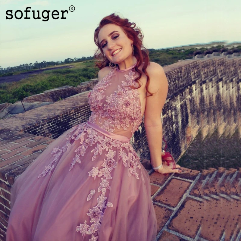 Темно-розовые классные Sofuge вечерние платья кружева вверх назад Аппликации Холтер Тюль Арабский мусульманский особых случаев Формальное