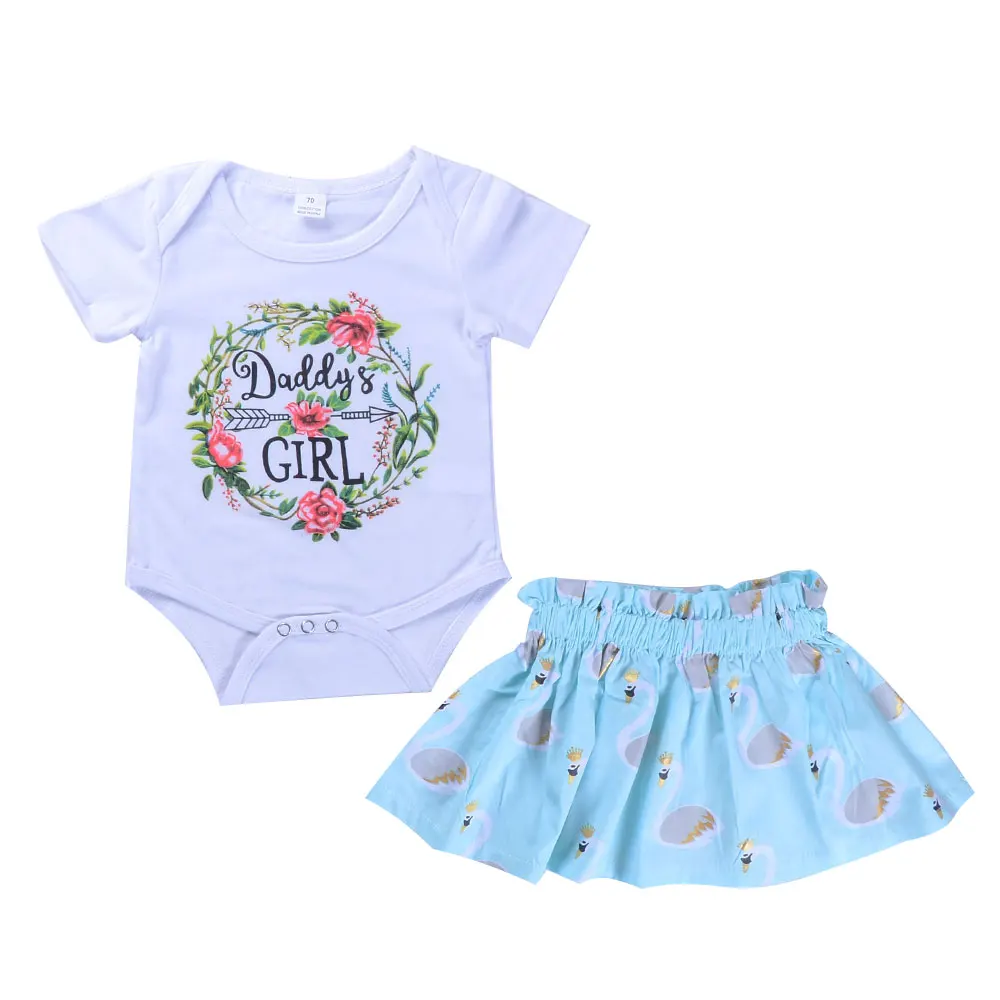 

Infant Baby Girls Clothes Suits White Romper Daddy Floral Tops+Ruched Blue Swan Print Skirt Bebe Girls Clothes Sets