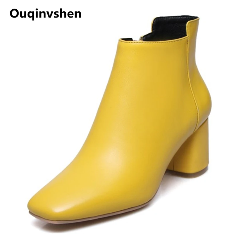 

Ouqinvshen Concise Yellow Ladies Ankle Boots Plus Size 34-43 Fashion Square Toe Women Heels Genuine Leather Women Winter Shoes
