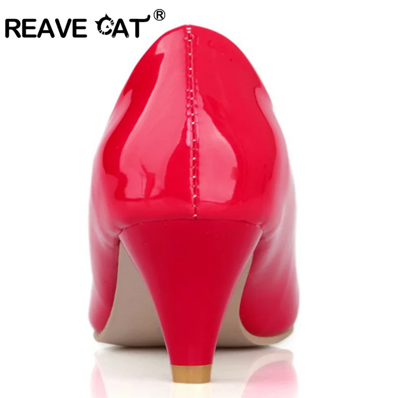 Женские туфли на среднем каблуке REAVE CAT черные блестящие с острым носком весну