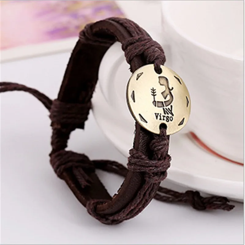 Мода 12 знаки зодиака кожаный браслет созвездия кожаные браслеты регулируемый браслет ювелирные изделия SL-409