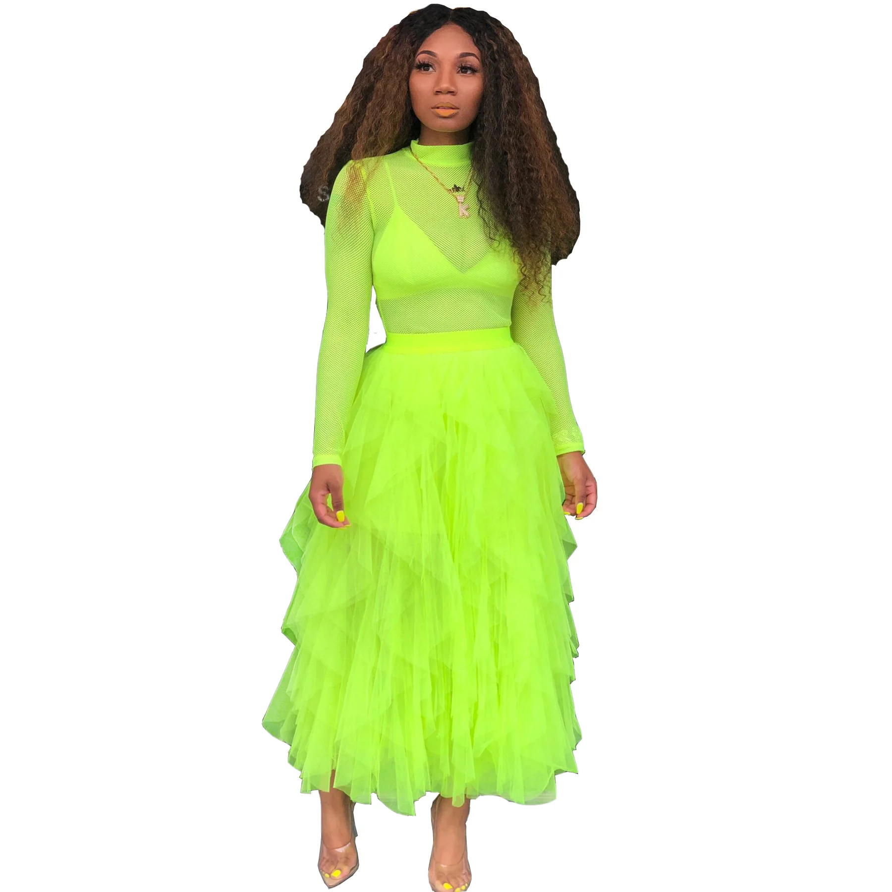 ANJAMANOR, прозрачная сетчатая длинная юбка макси с высокой талией, Летняя Сексуальная Асимметричная плиссированная трапециевидная бальная юбка, фатиновые юбки, женские D48-AA86 - Цвет: Neon Green