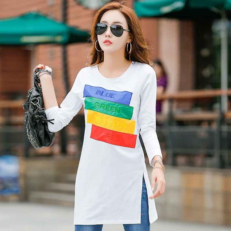 

New Winter T Shirt Long Tunic Tops Long Sleeve T-shirts For Women Fashion Patchwork Cotton Female T-shirt Camisas Femininas