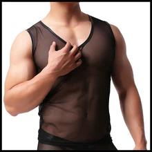 Мужские черные майки/модные сетчатые дышащие прозрачные Мужской топы без рукавов/v-образным вырезом Sheer гей Забавные футболки