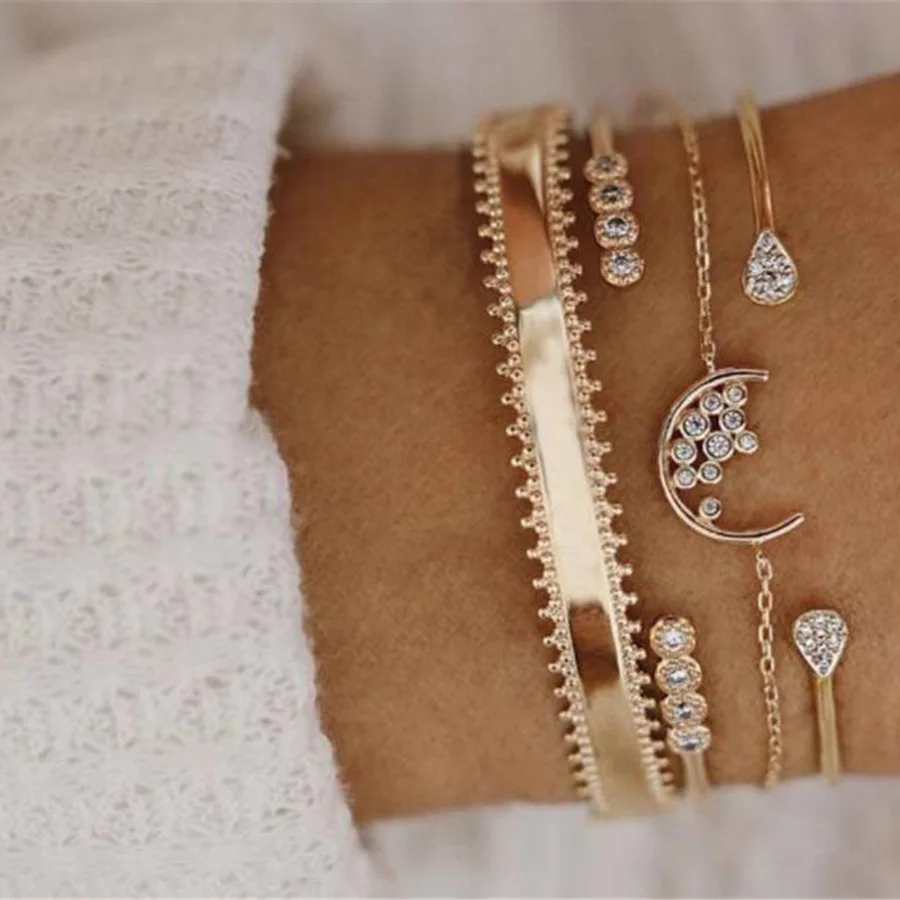 

Vintage Accesorios Mujer Crystal Bracelets & Bangles Fashion Gold Color Hand Cuff Bracelet Set Female Indian Jewelry Women Charm