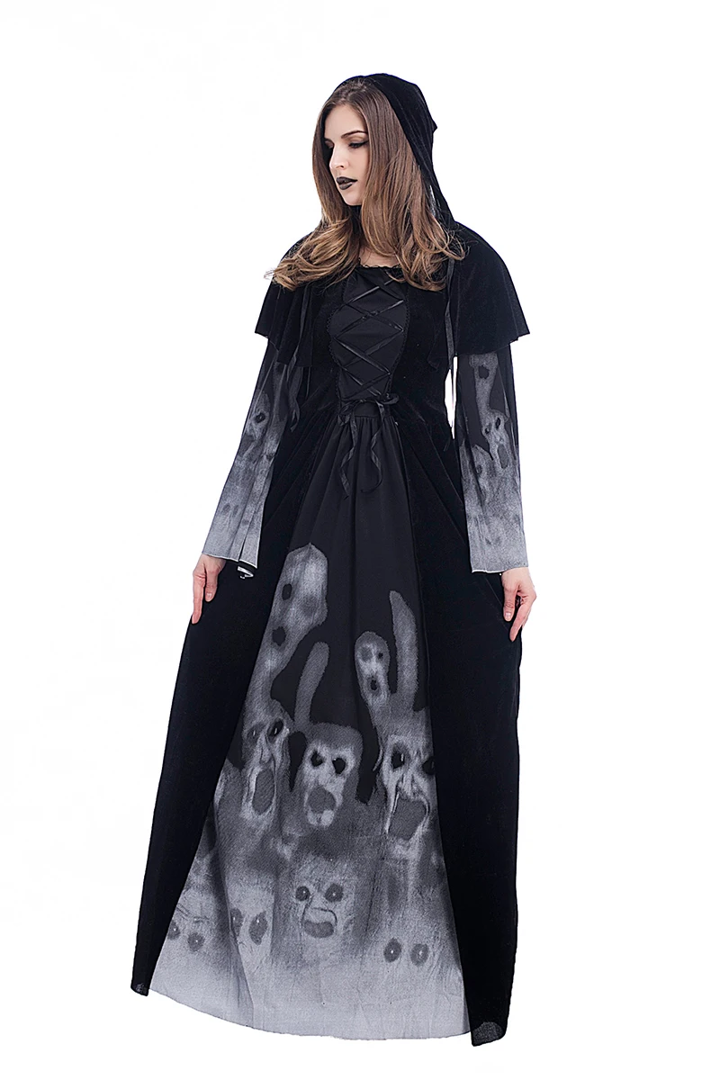 Взрослая женщина Хэллоуин страшное готическое платье Скелет пиратский костюм wicca ведьма вампир злой плащ с капюшоном для девочек S-L