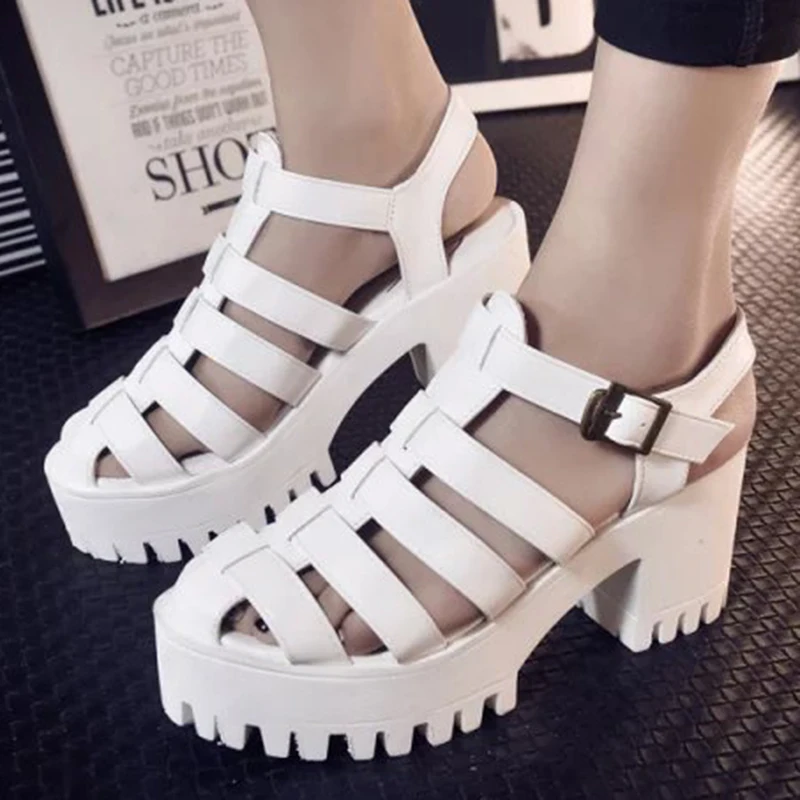 

Summer Gladiator Women Leather Boots Ankle Platform Thick bottom Buckle strap Round Toe High Heel Ladies Shoes Botas Mujer 888WW
