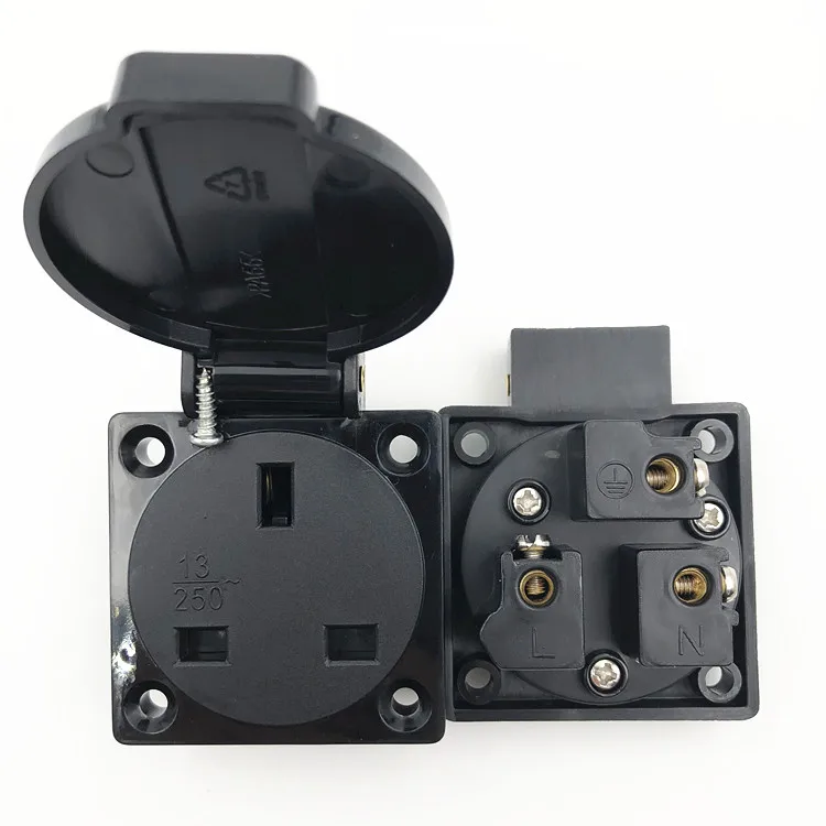 Британский промышленный безопасный выход 13A 250V IP44 TUV BS сертификация черный 2p + E UK