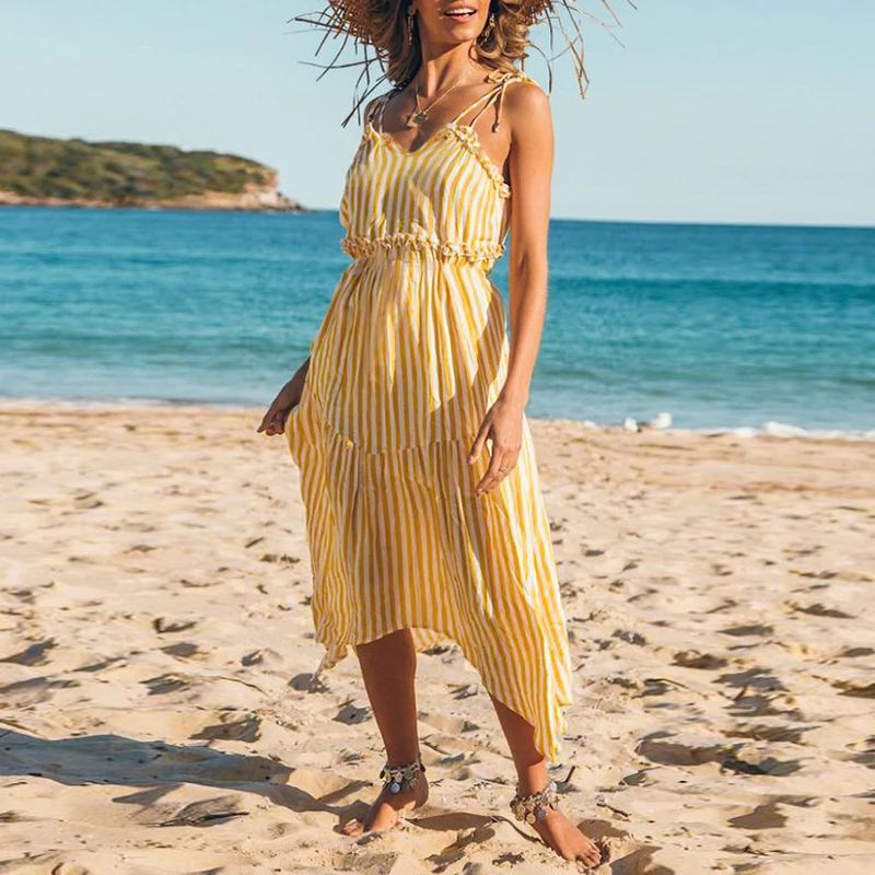 

Melegant Fashion Yellow Ruffles Stripe Femme Women Dress Spaghetti Strap Sexy Maxi Dress Beach 2019 Summer Long Dresses Vestidos
