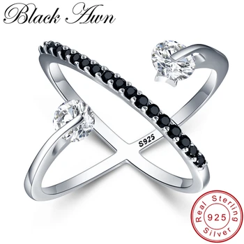 

[BLACK AWN] Solid 925 Sterling Silver Rings for Women Black Spinel Elegant Engagement Finger Ring Sterling Silver Jewelry G044