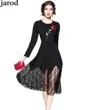 Para mujer Bordado Vestido de 2018 Nuevo de La Vendimia O Cuello Delgado de Manga Larga de Trabajo Vestidos de Fiesta Negro Patchwork Vestidos de Encaje
