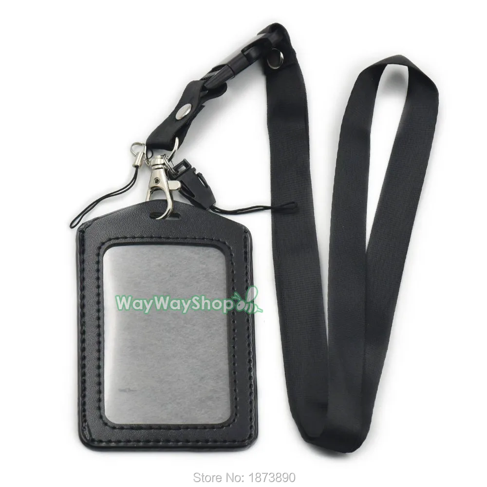 25 Sets ID Black Leather Card Badge Holder + Neck Strap Lanyard for