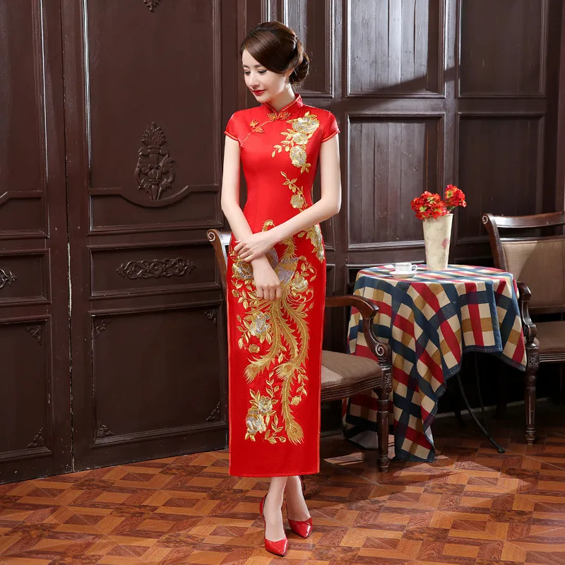 

Phoenix Embroidered Long Women Cheongsam Red Evening Dress Formal Party Dress Satin Performance Dress
