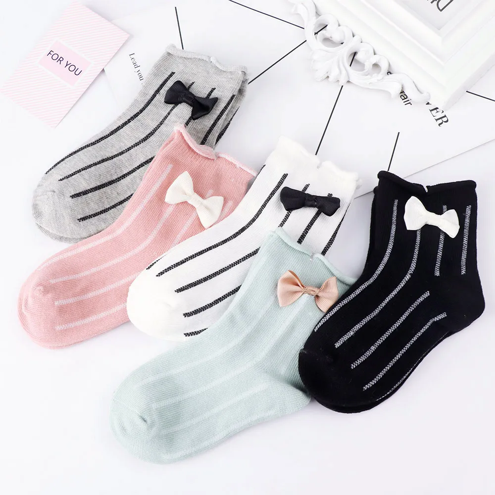 

5 Pairs/Set Girls Pure Cotton Socks Kids Fashion Bowknot Striped Socks Infant Candy Color Lovely Socks Baby Floor Non-slip Sock