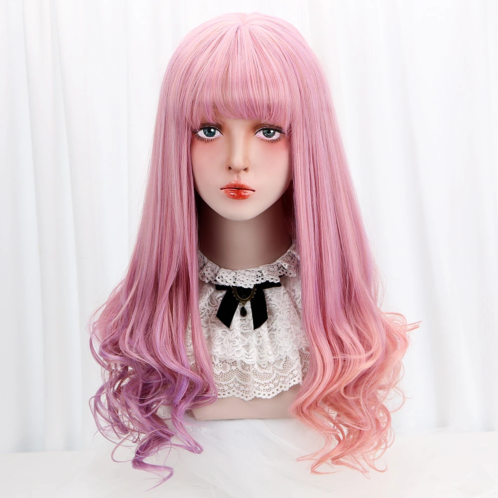 

28''Synthetic Long Curly Lolita Wigs With Bangs Pink Purple Ombre Cosplay Wigs Lolita Wigs For Women Girls Heat Resistant Friber