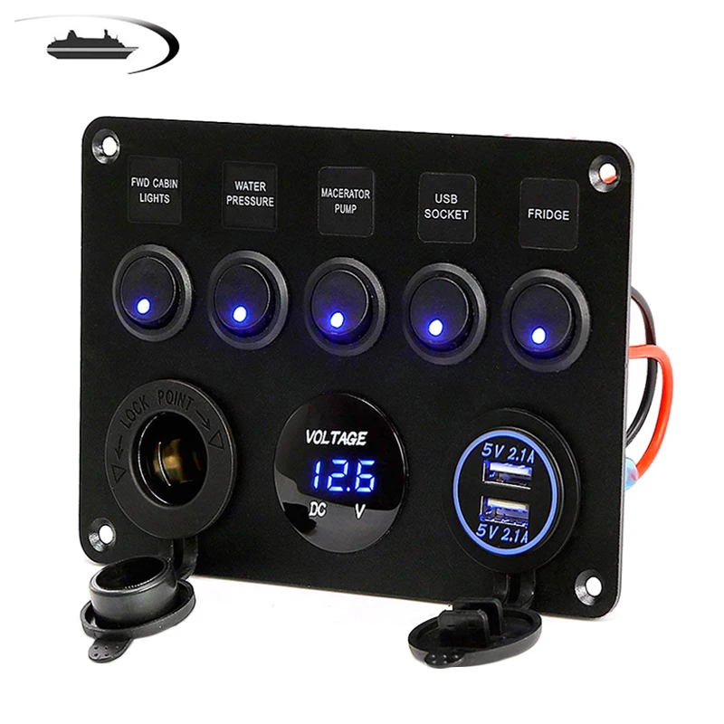

5 Gang LED Car Rocker Switch Panel 12V Power Outlet Dual USB Charger Port Socket 12V for Car Marine Boat Toggle Switch