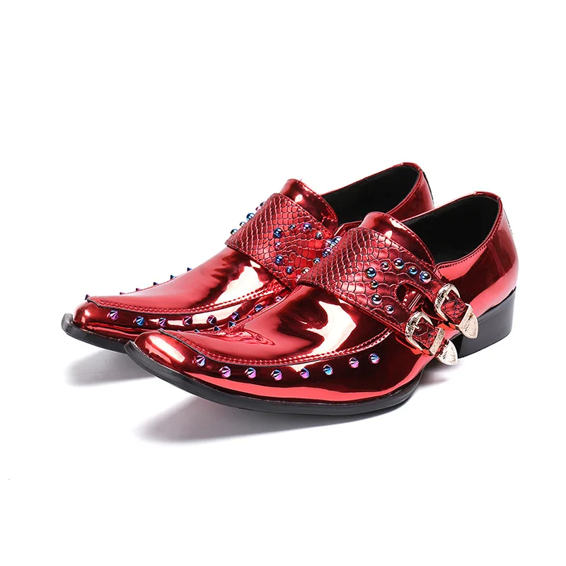 

Men Fashion Red Leather Shoes Rivet Buckle Strap Leather Dress Shoes Men Slip on Loafers