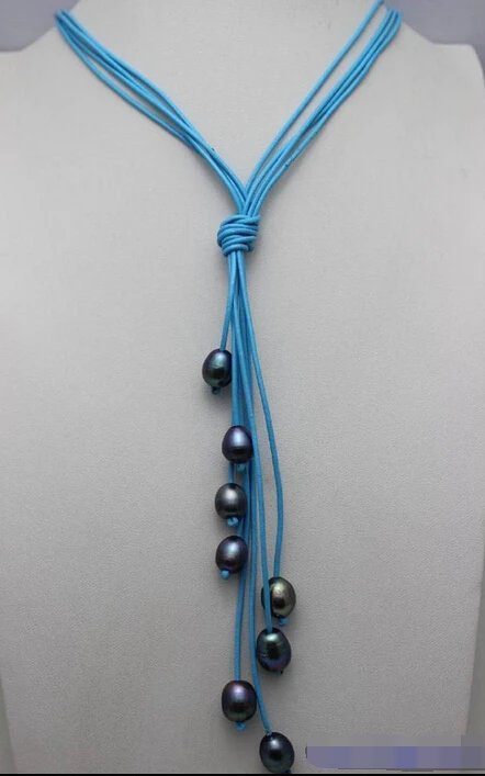 

Jewelr 006377 4strands Blue Genuine Leather black Freshwater Pearl Necklace beauty 20"alloy