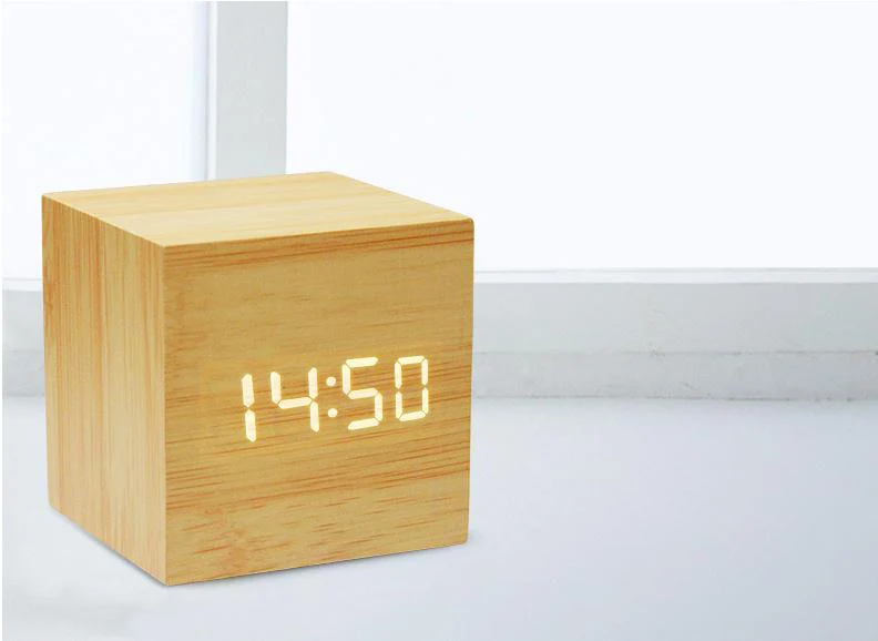 Mini Cube Wooden Clock Voice Control Electronic Table Clock LED Digital Desk Watch Nixie Radio For Children Bedside Alarm Clock