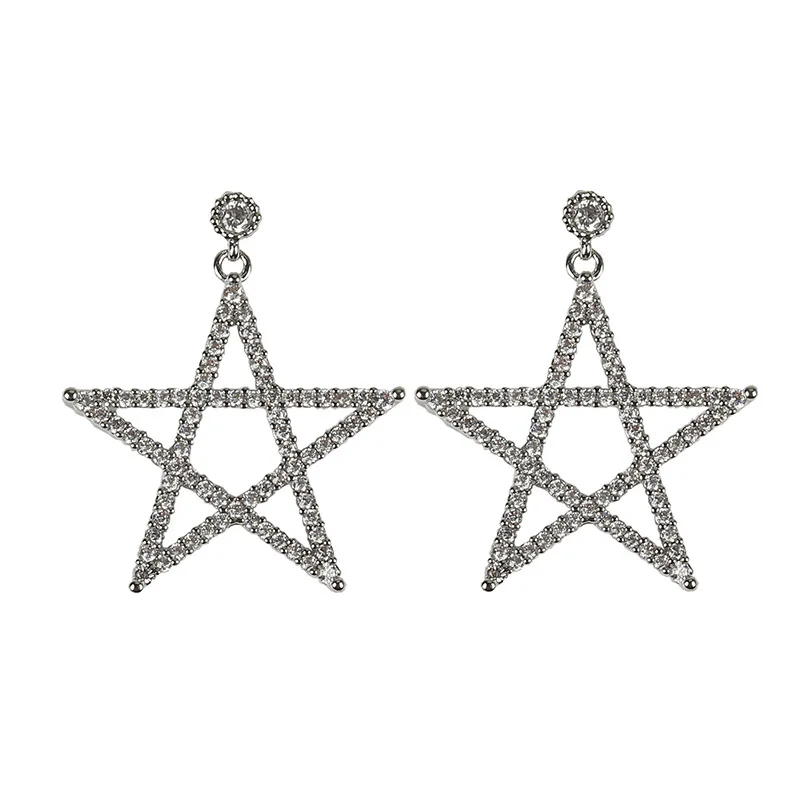 Full Bling Crystal Hollow Star Pendant Silver Drop Earrings for Women Dangle Earrings