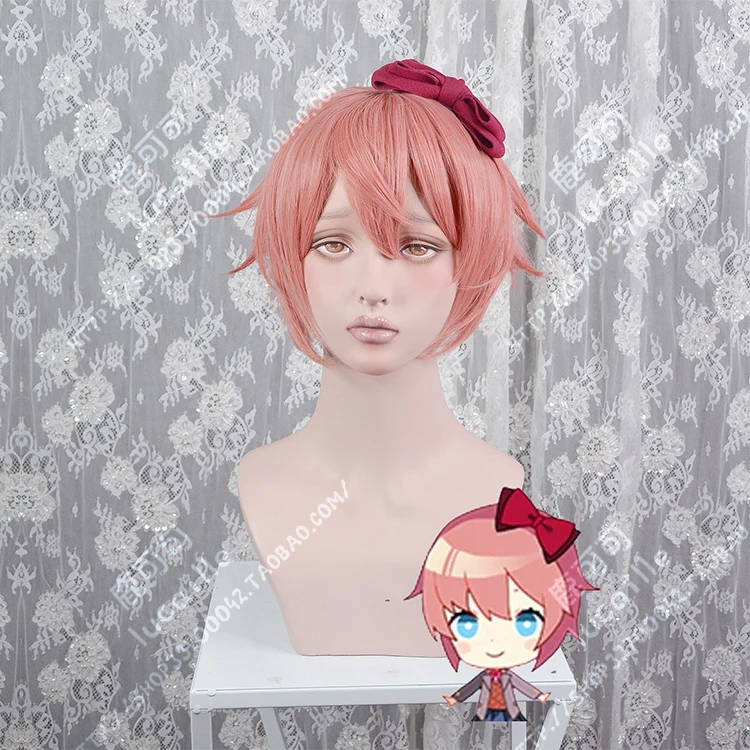 

Anime Doki Doki Literature Club Sayori Synthetic Cosplay Wig Natural Wave Short Pink Anime Bob Hair Wigs + Red bow + Wig Cap