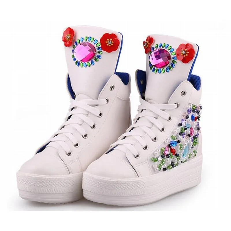 

hot new arrival white luxury hand pearl beaded sheepskin lace up high top platform wedges casual shoes rhinestone single boots