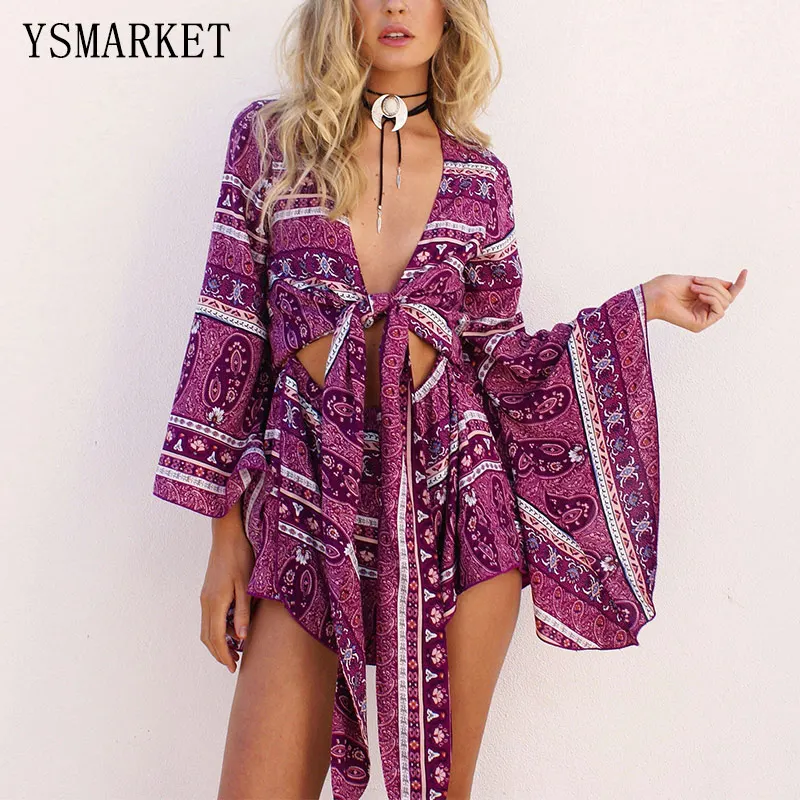

New Women Sexy Hollow Out Printed Rompers Macacao Feminino Hot V-neck Loose Jumpsuit Beach Wear Casual Playsuit Cover Up Q95023