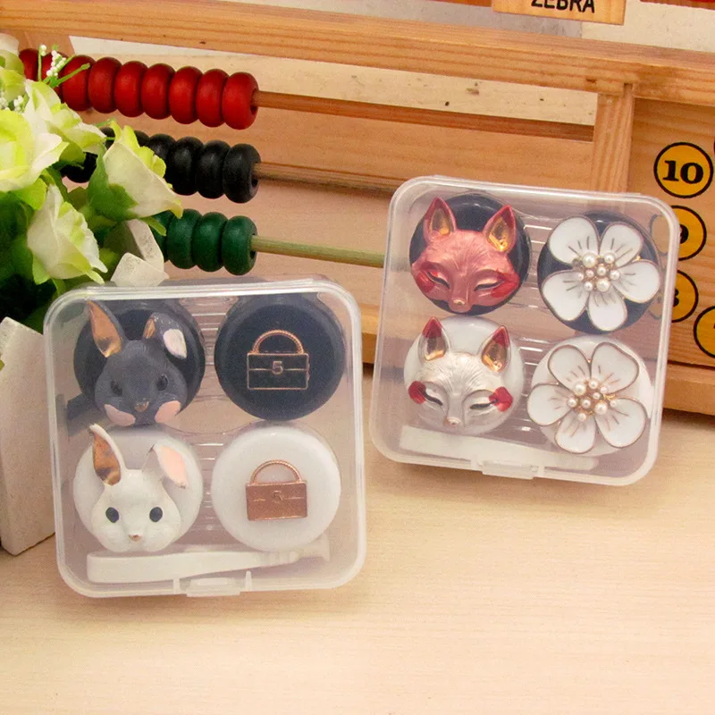 

FOURETAW 1 Set Cute Cartoon Animals Fox Rabbits Pattern Pocket Mini Contact Lens Case Travel Kit Easy Carry Mirror Container