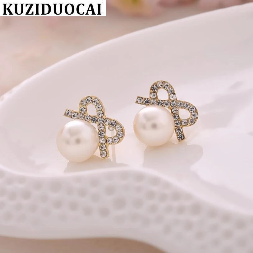 

Kuziduocai New Fashion Jewelry Full Rhinestone Temperament Gold Color Bow-knot Sweet Cute Pearl Stud Earrings For Women Girl E-1