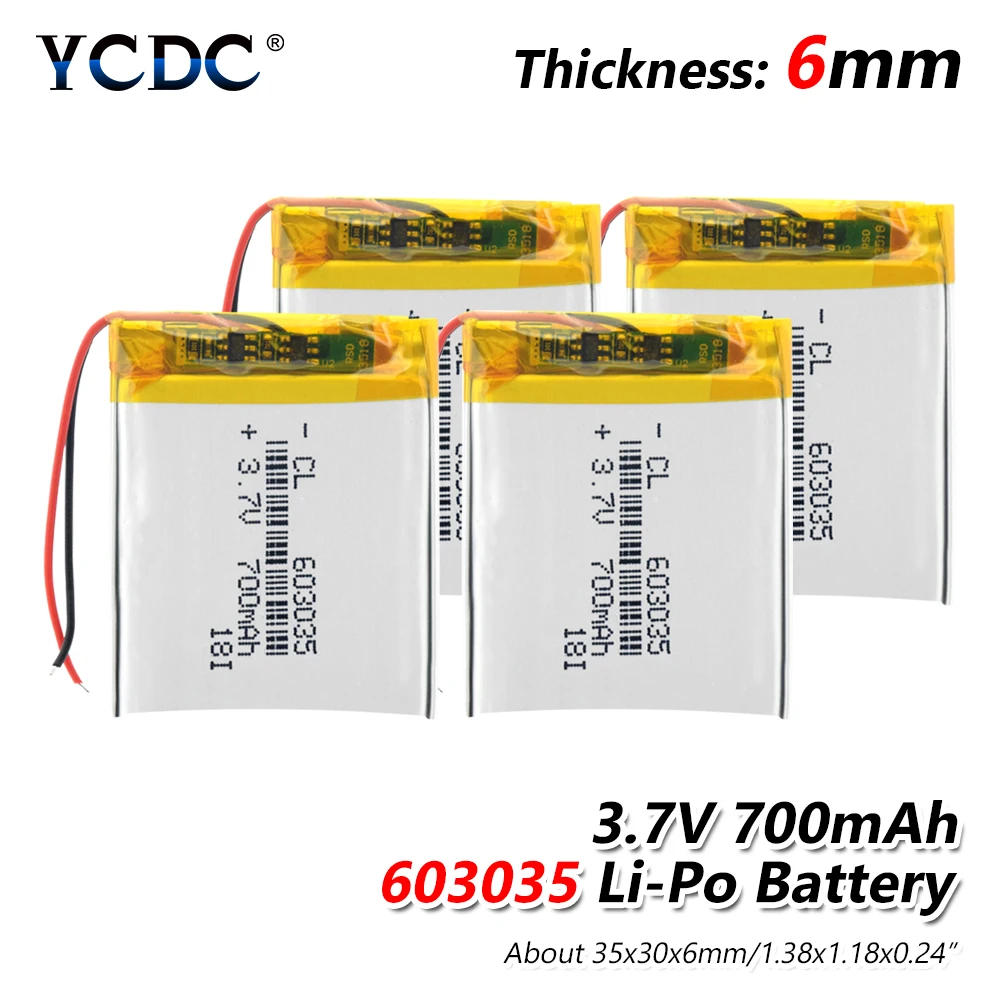 

Rechargeable 3.7V 700mAh 603035 Battery li-ion Lipo cells Lithium Li-Po Polymer Battery For MP3 MP4 GPS DVD LED Light Speaker