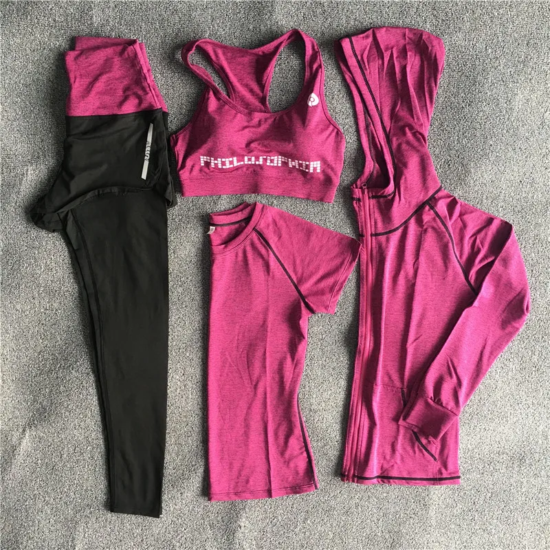 Женский комплект из 5 предметов для йоги, быстросохнущие штаны с высокой талией+ футболка+ бюстгальтер+ шорты+ пальто с капюшоном, одежда для спортзала фитнеса спортивная одежда, комплекты