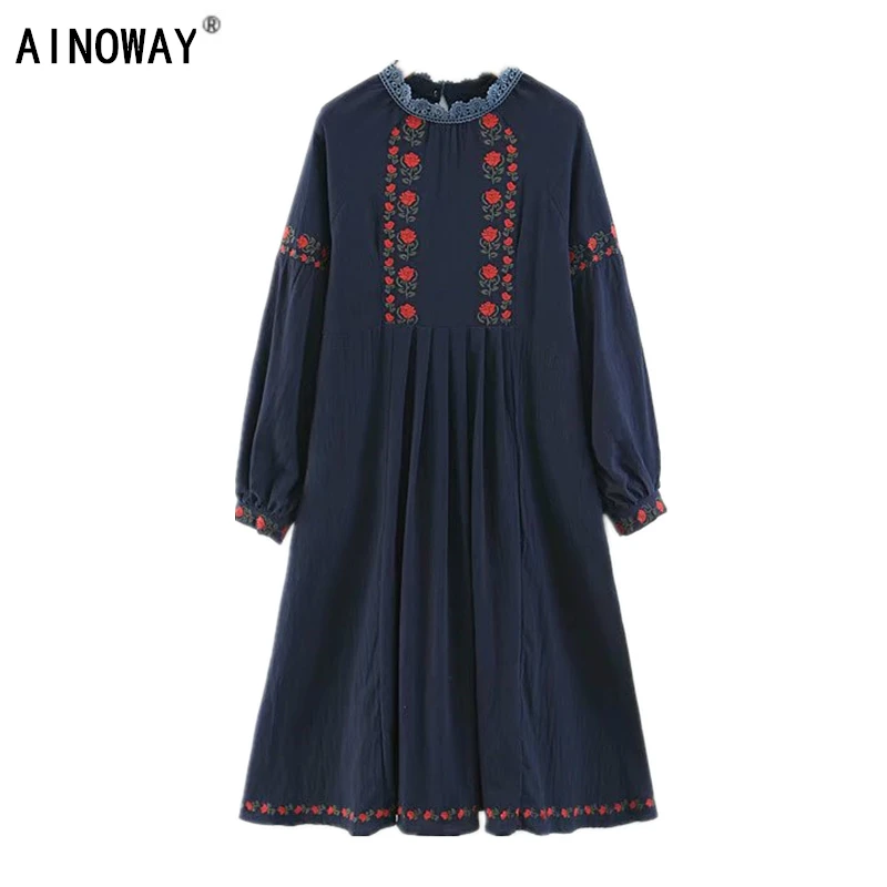 

Vintage Chic women flare sleeve Floral embroidery beach Bohemian midi dress Ladies linen cotton stand Summer boho dress vestidos