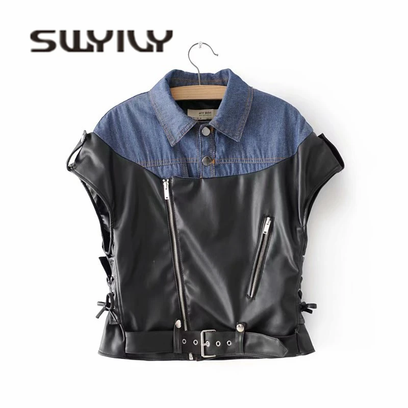 SWYIVY Cool Woman Jacket Sleeveless Short Design 2018 Denim Patach With Faux Leather Female Casual Coat Side Lace Lady Jacket
