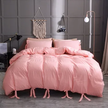 

Creative Solid Color Streamer Bow-Knot Bedding Sets Bed Sheet Duvet Cover Pillowcase Set Bed Solid Color Sanding Kids Adult