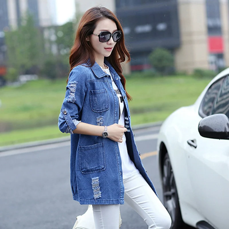 astounding  Plus size 5XL Basic Long Jeans Coat Women Slim Ripped Denim Jacket Femme Elegant Vintage Frayed Jac