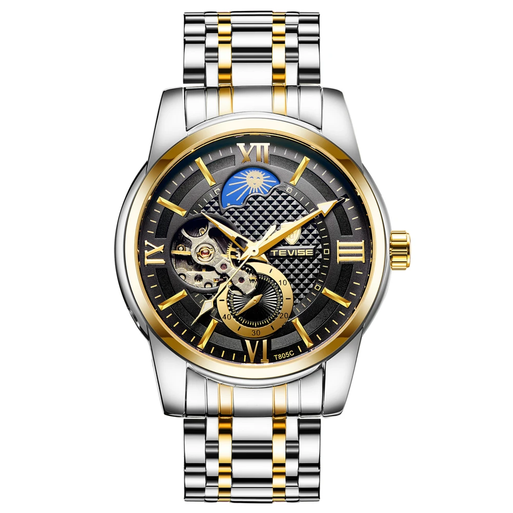 Relogio Automatico Masculino Tevise Мужские автоматические полые Tourbillon деловые часы Спорт Бизнес синий наручные - Цвет: gold black