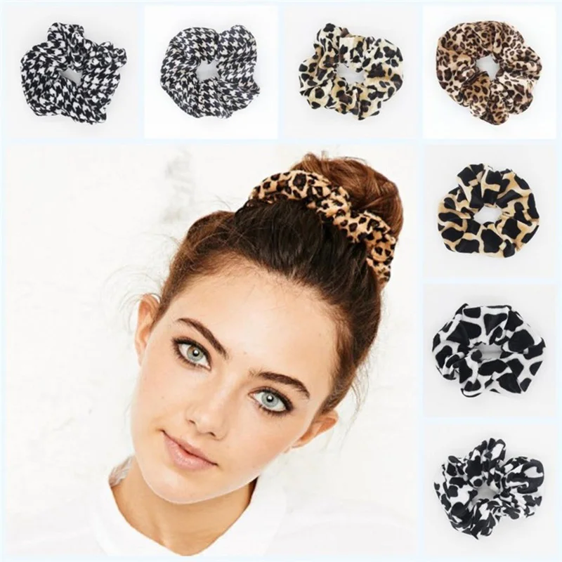 Soft Animal Pring Leopard Velvet Hair Scrunchie Ponytail Grip Loop