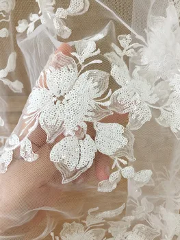 

1 Yard Sequin bridal tulle lace fabric in off white pink couture gown dress fabric accessories craft accessories bridal gown