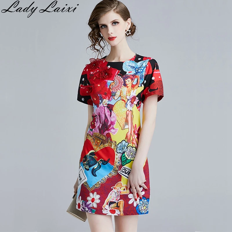 

2019 Summer Runway Designer Dress Women's Short Sleeve 3D Floral Beading Applique Beauty Print Elegant Party Mini Dress