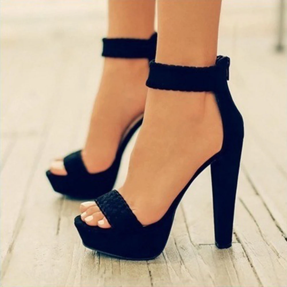

6-8CM Women's Sandals Summer Women Shoes Pumps Thin High Heel Sandals Peep Toe Ankle Straps Sandals Ladies PU Suede Shoes Black