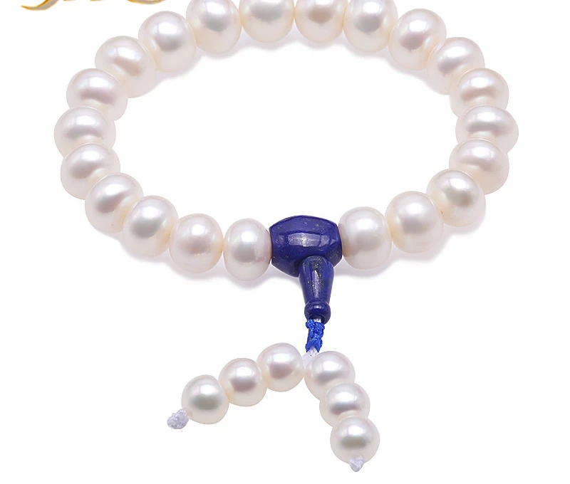 

White Freshwater Pearl Bracelet Women Blue Agate Buddhism Jewelry 11-12.5mm Flat Pearl Prayer Beads Buddha Bracelets 8